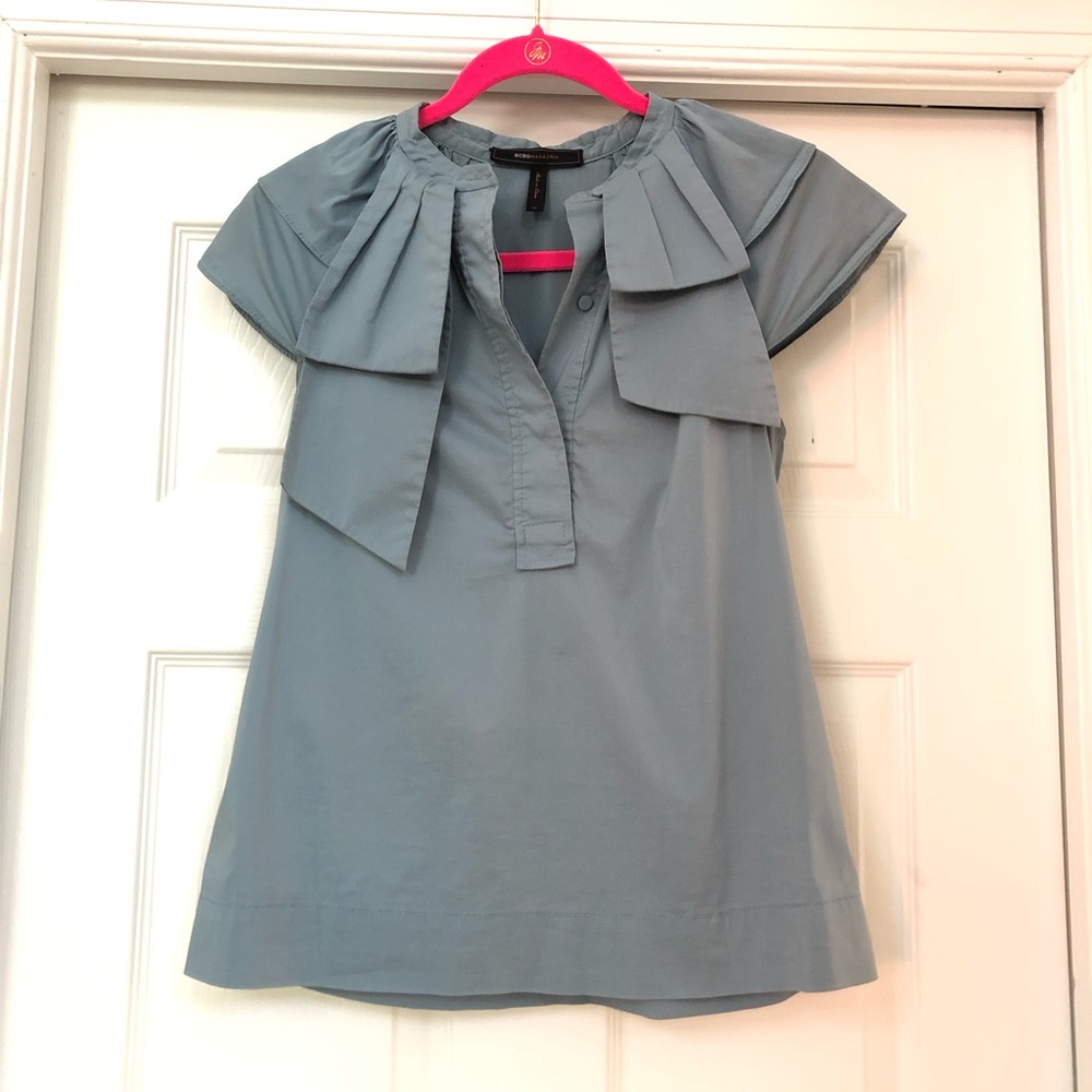 BCBGMaxAzria Teal Ruffled Round Collar Top Blouse